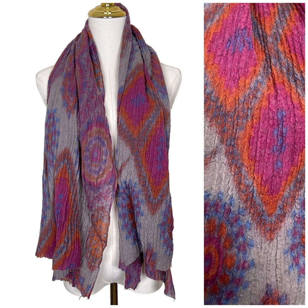 FRAAS Scarf Ikat Pattern Gray Pink Orange Blue Lightweight Boho Crinkle Gauze‎